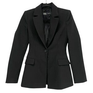 Zara Womens Fitted Blazer Suit Jacket XS Black Shoulder Pads 2204/590 NWOT